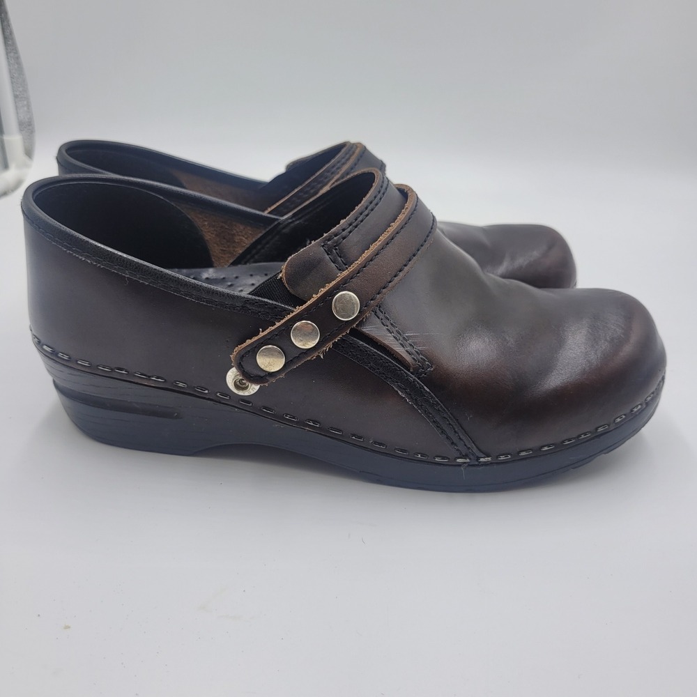 Sanita Womens Dark Brown Leather Studded Buckle Strap Clogs Mules Size 39 US 8